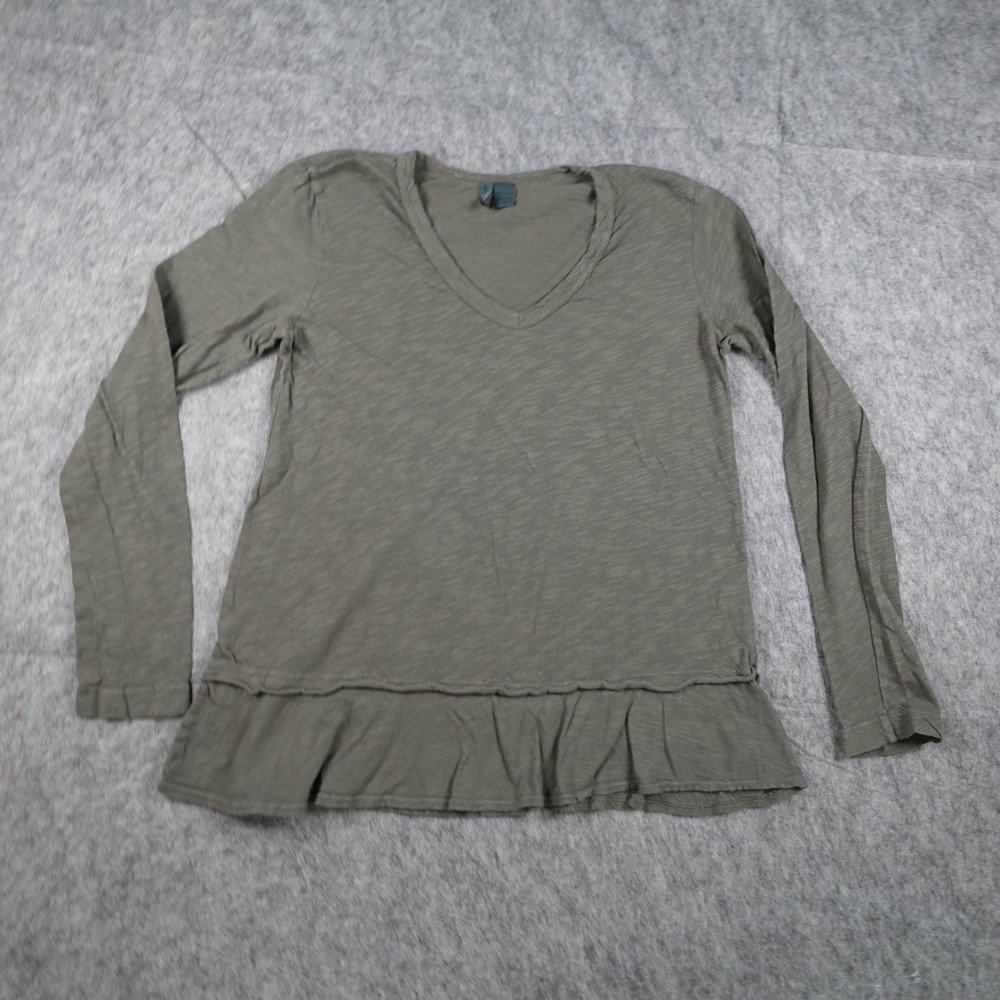 Left‎ of Center Top Women Small Green V Neck Peplum Slub Knit Cotton Long Sleeve